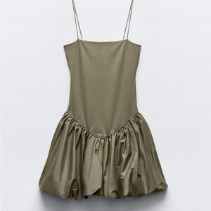 COPY - Zara Mixed Rib Poplin Balloon Dress Khaki S NWOT